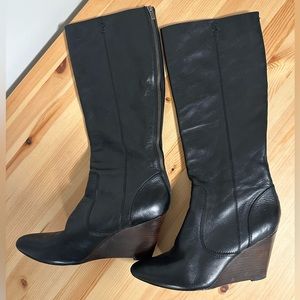 FRYE Regina Wedge Tall Boots BLACK Leather sz 8.5